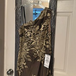 Xscape Black And Gold Appliqu One Shoulder Dress